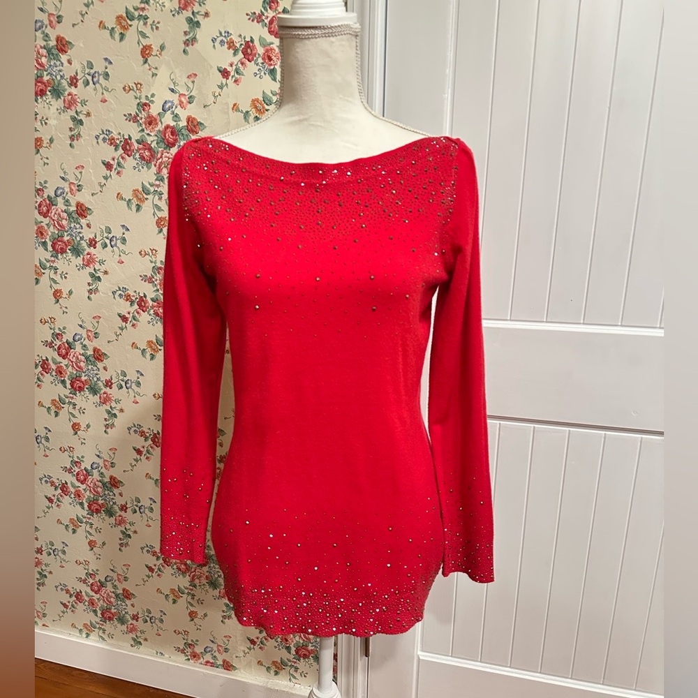 Olivers Vibrant Red Boatneck antique gold rhinestone embellished Knit Top
